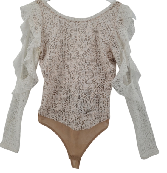 BCBG MaxAzria NWT Backless Bodysuit Small Off White Sheer Sleeves Retail $88 - Picture 1 of 8